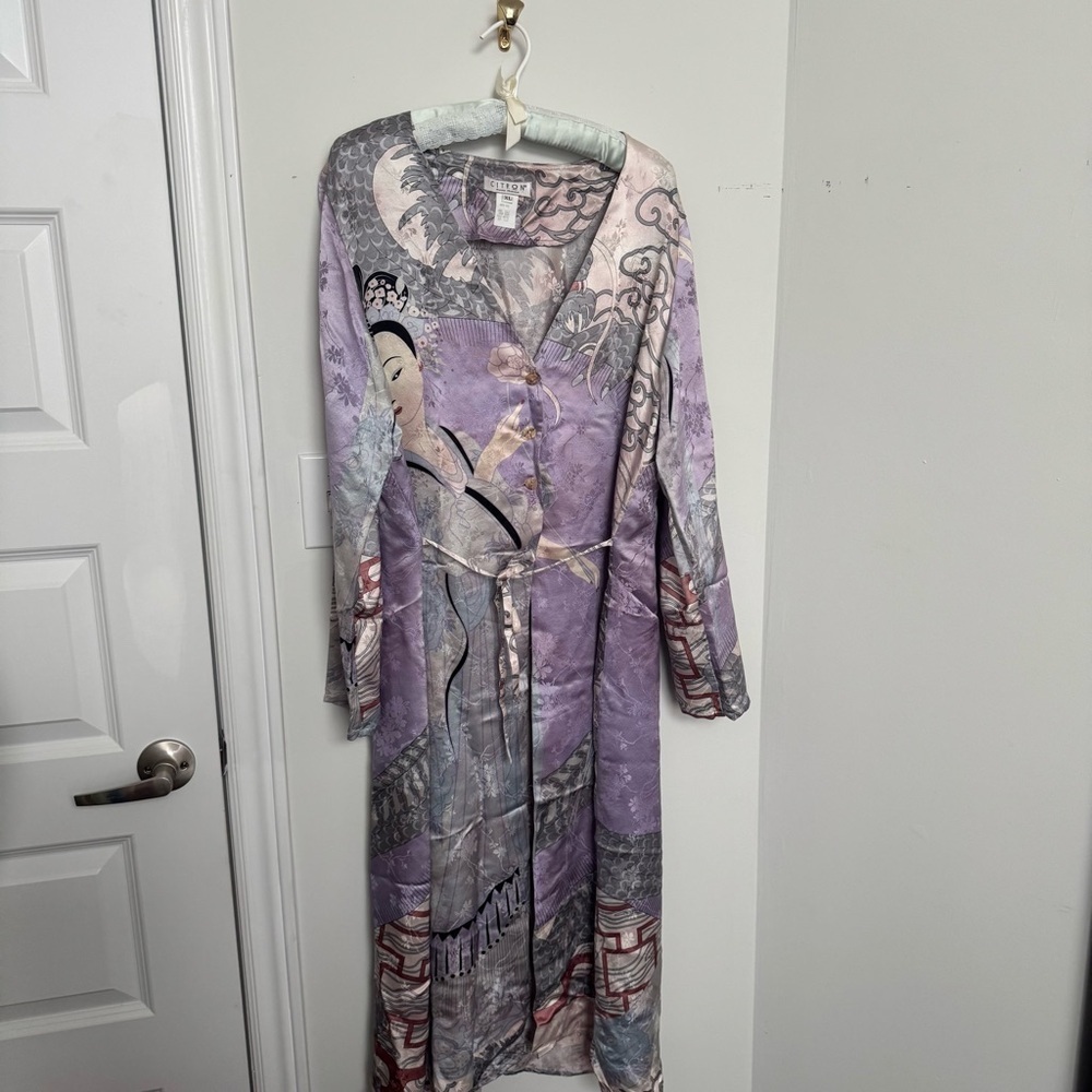 Vintage 100% Silk Kimono Robe Duster w Print japanese dragon geisha XL lavender - Picture 14 of 15